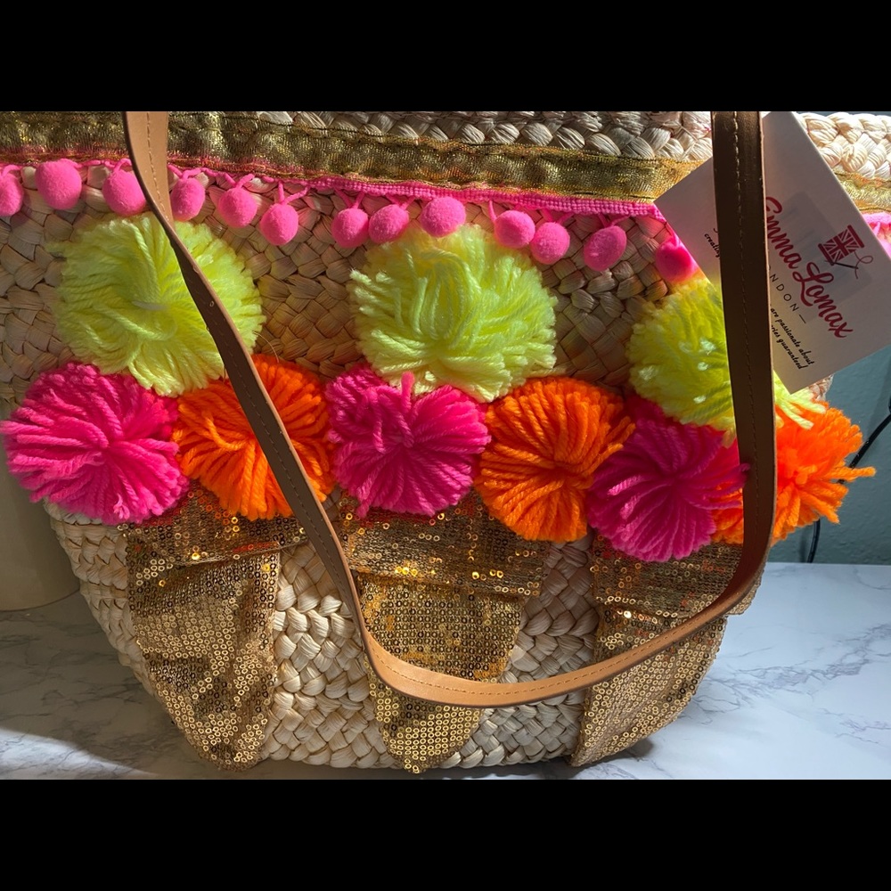 Emma Lomax Ice Cream Pom Pom Straw Tote Bag - Picture 7 of 16